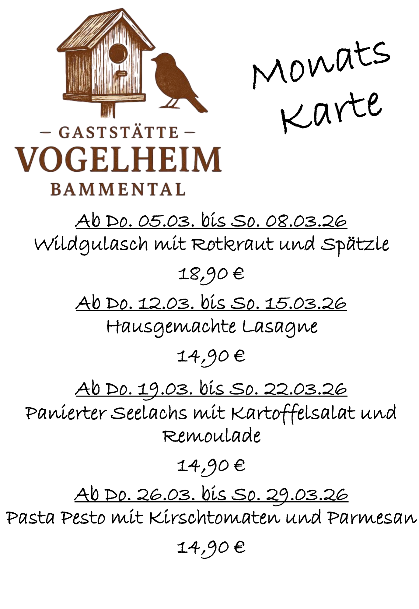 Monatskarte der Gaststätte Vogelheim mit verschiedenen Gerichten und Preisen.